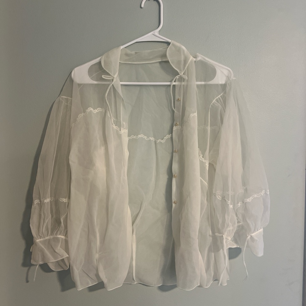 Cream White Fairy Core Cottage Core Button Up Sheer Vintage Blouse Fit Small
